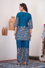 Elegant Teal Blue Floral Printed Pure Cotton Co-Ord Set
