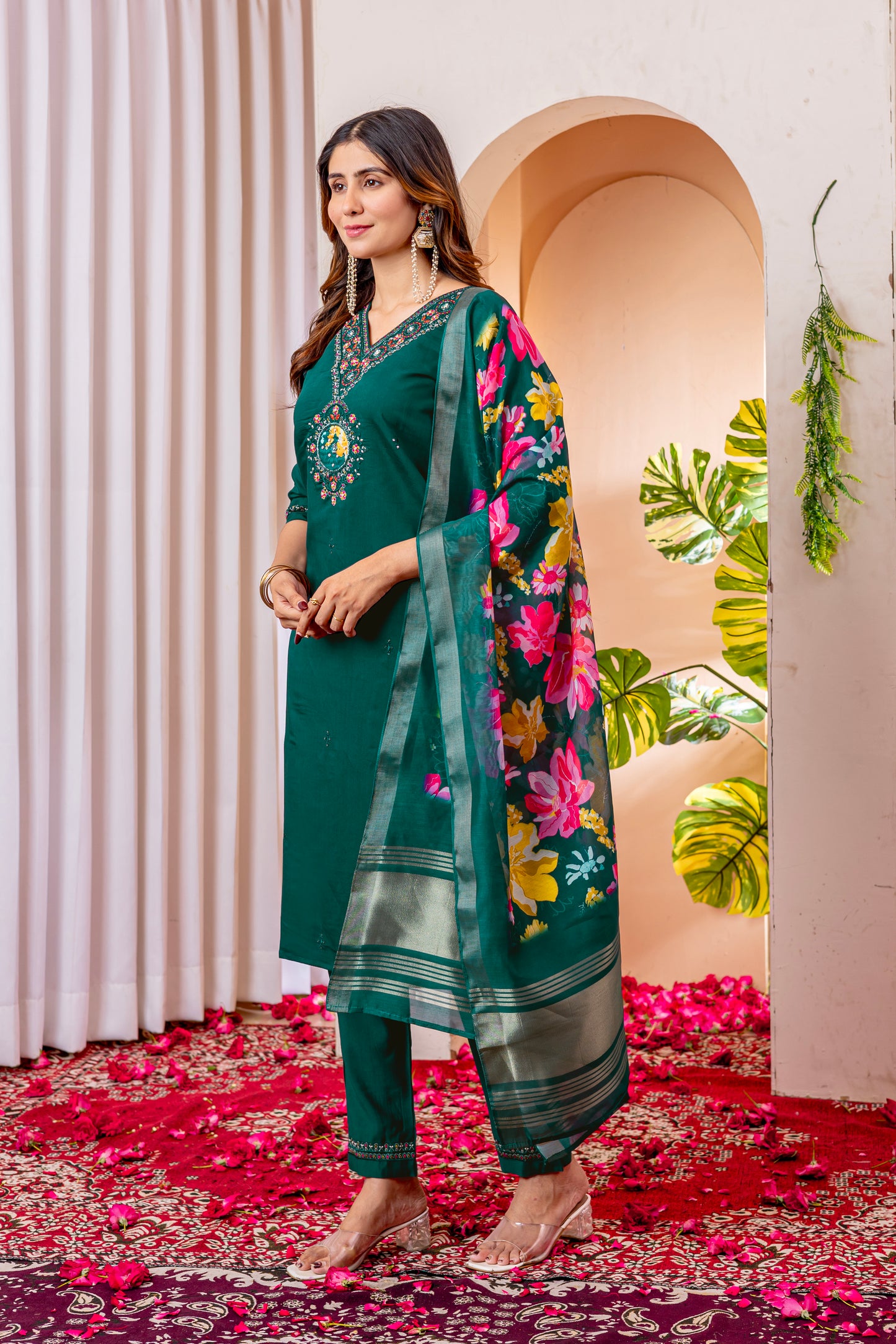 Green Marina Viscose Silk Multi Embroidered Suit Set