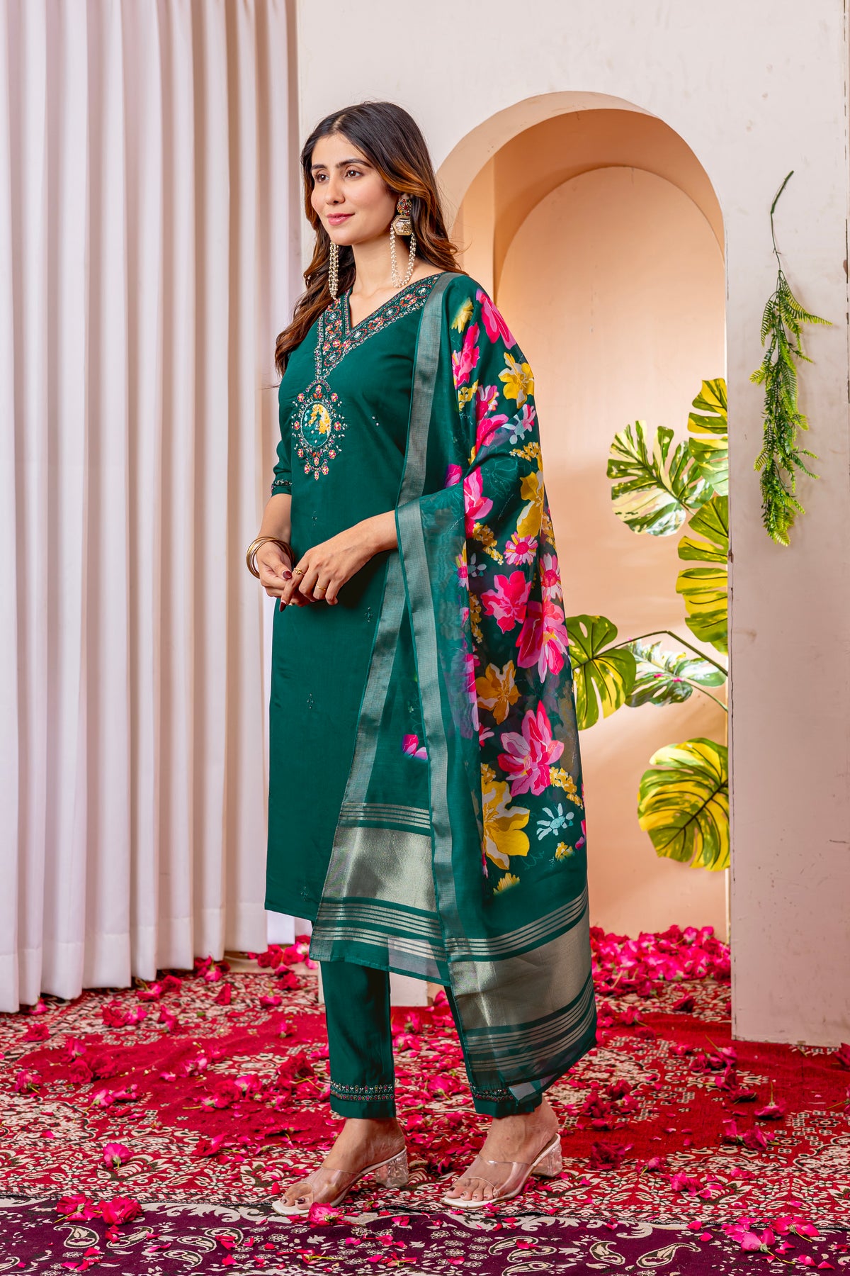Green Marina Viscose Silk Multi Embroidered Suit Set