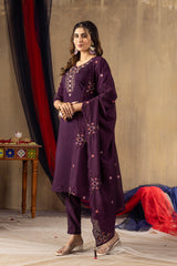 Wine Roman Silk Multi Embroidered Suit Set