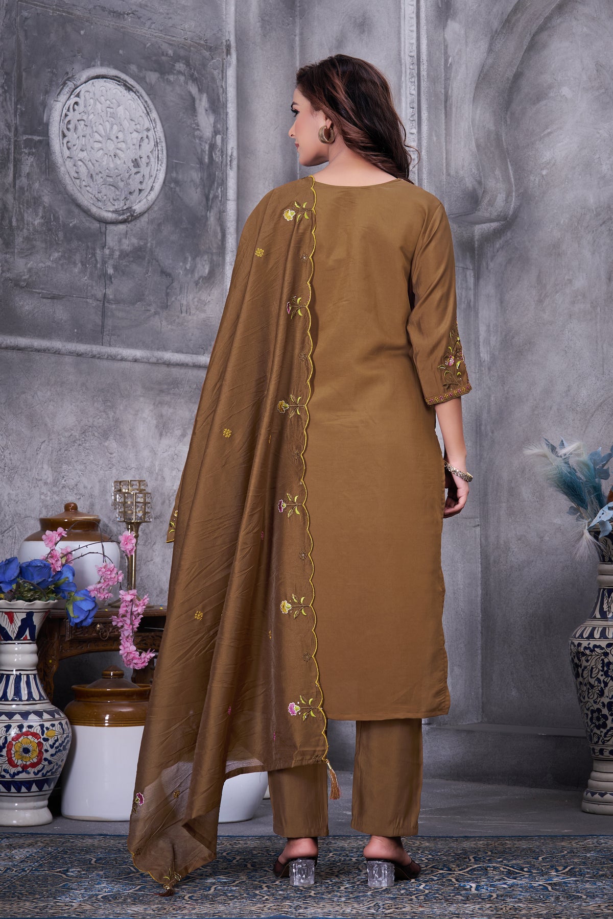 Mustard Roman Silk Kurti Pant Set