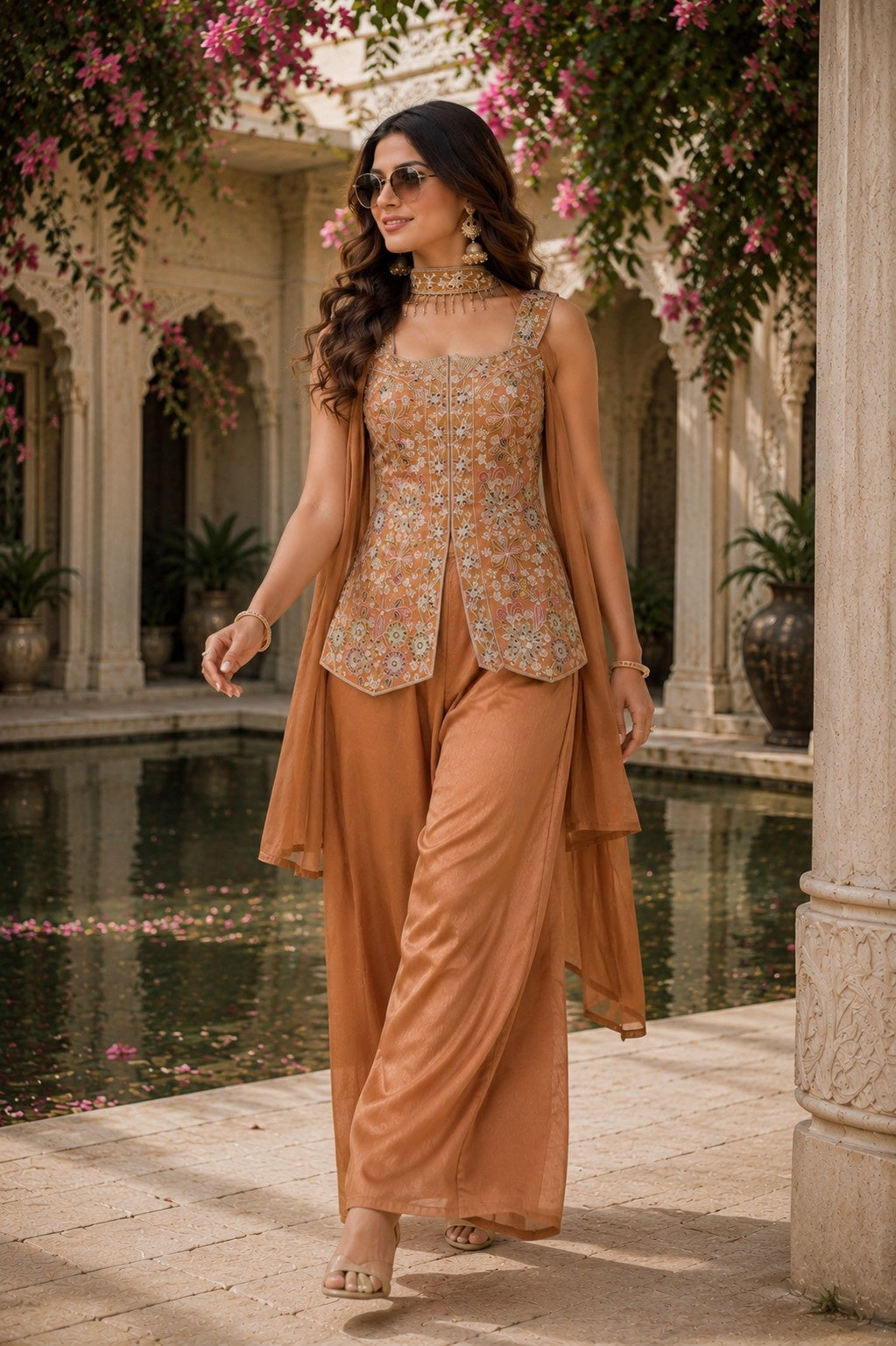 Rust Chinon Embroidered Stitched Suit Set
