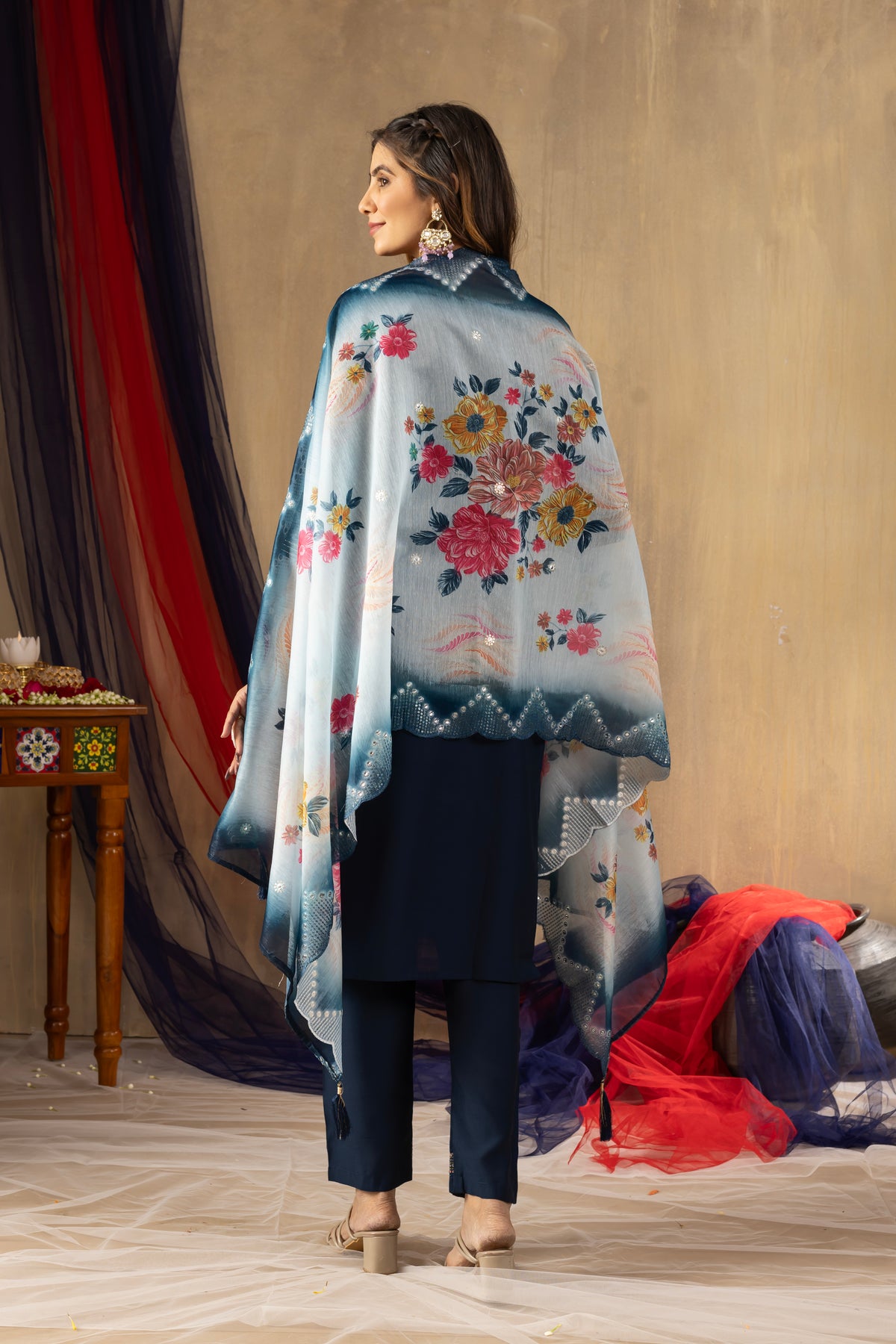 Navy Blue Viscose Silk Multi Embroidered Suit Set