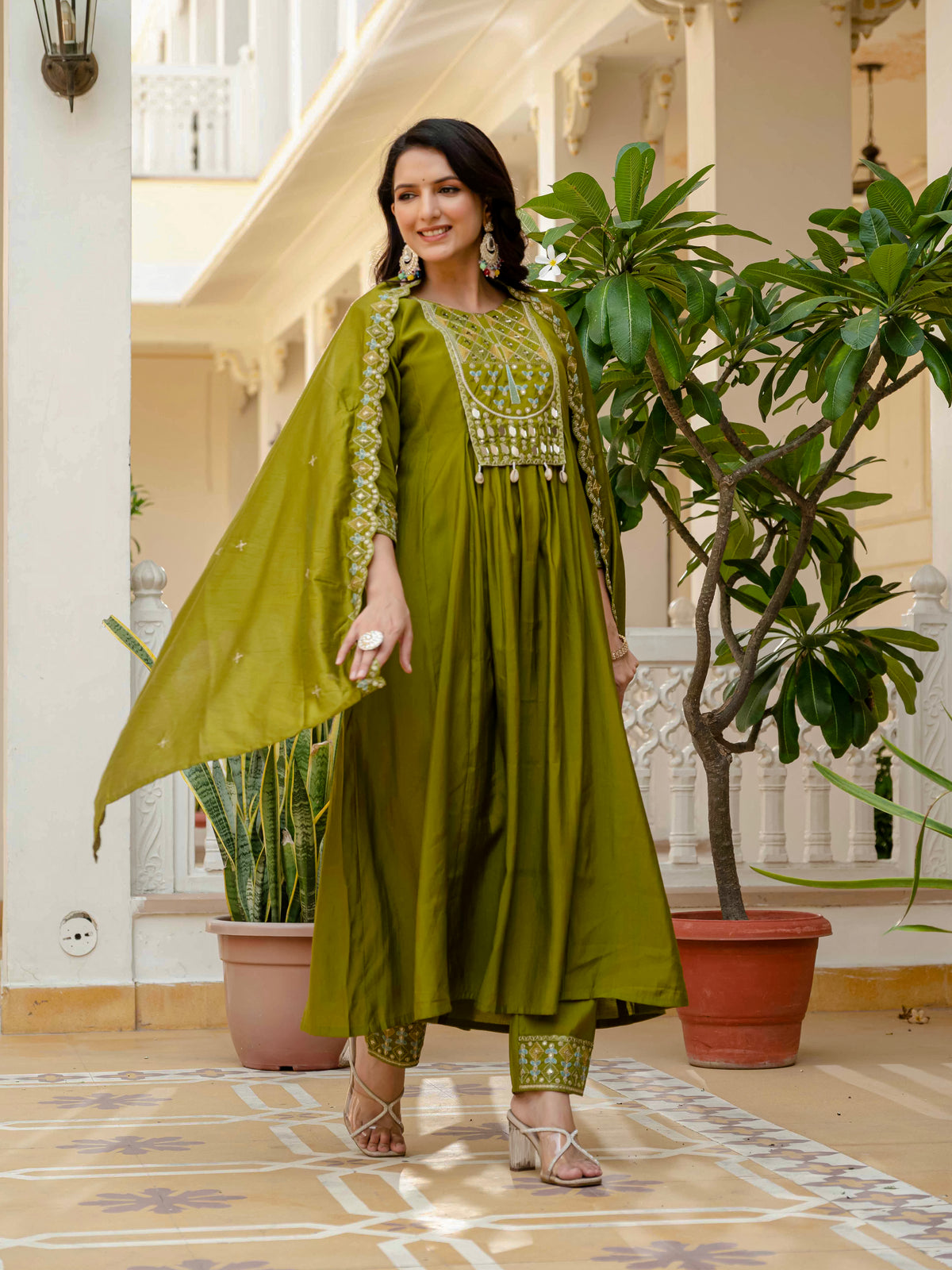 Mehndi Viscose Roman Silk Anarkali Kurti Pant Set