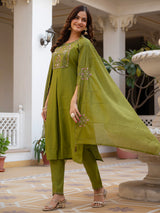 Mehndi Green Viscose Mango Silk Embroidered Kurti Set