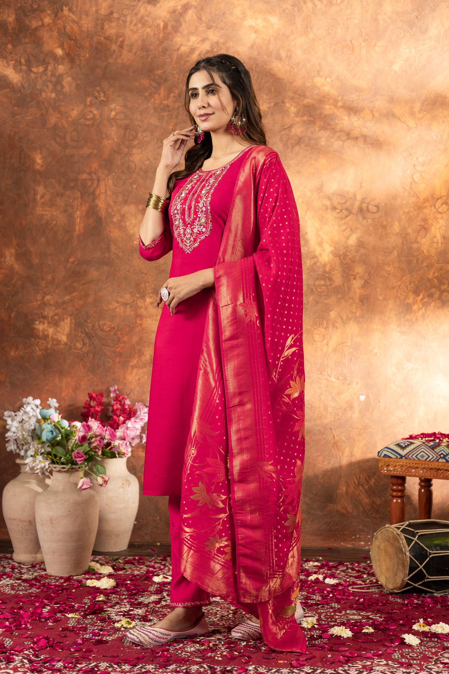 Pink Marina Silk Multi Embroidered Suit Set