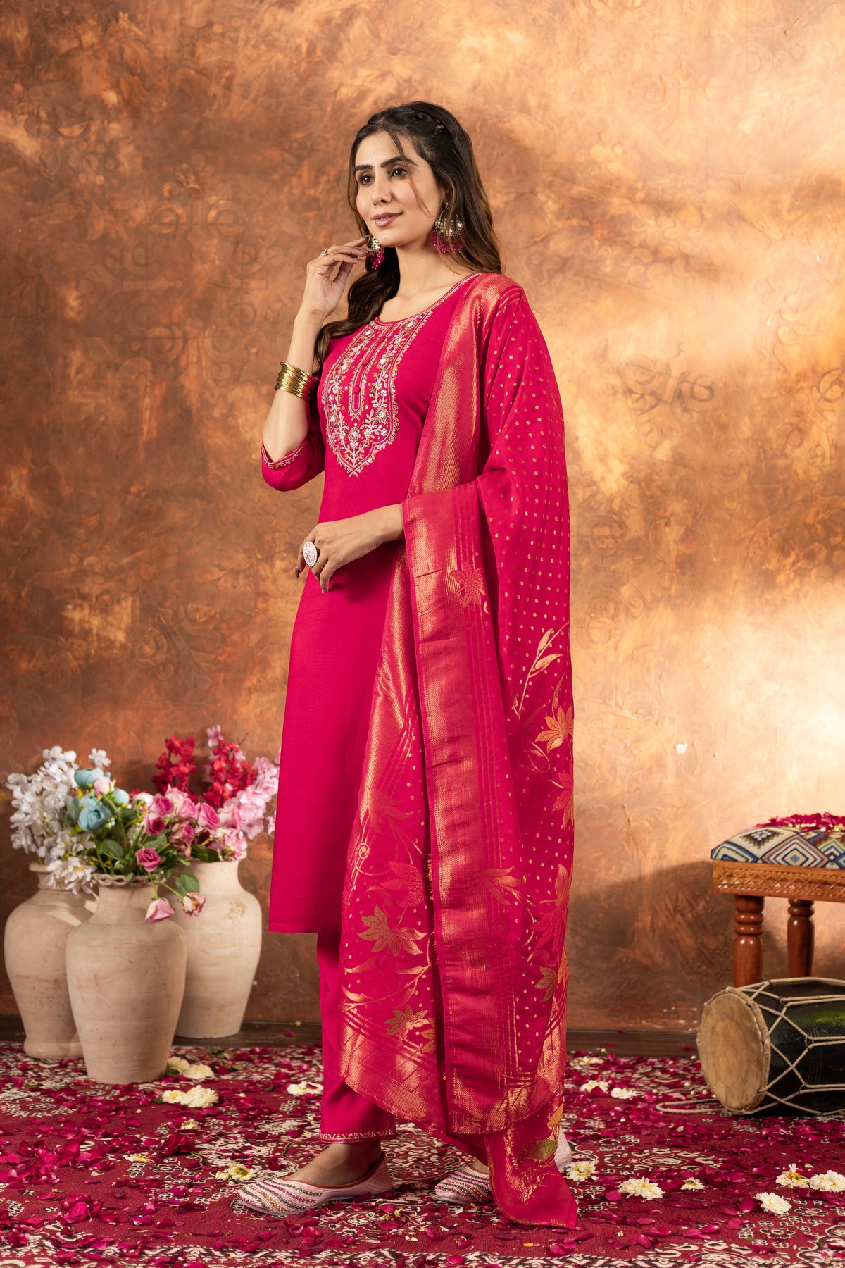 Pink Marina Silk Multi Embroidered Suit Set