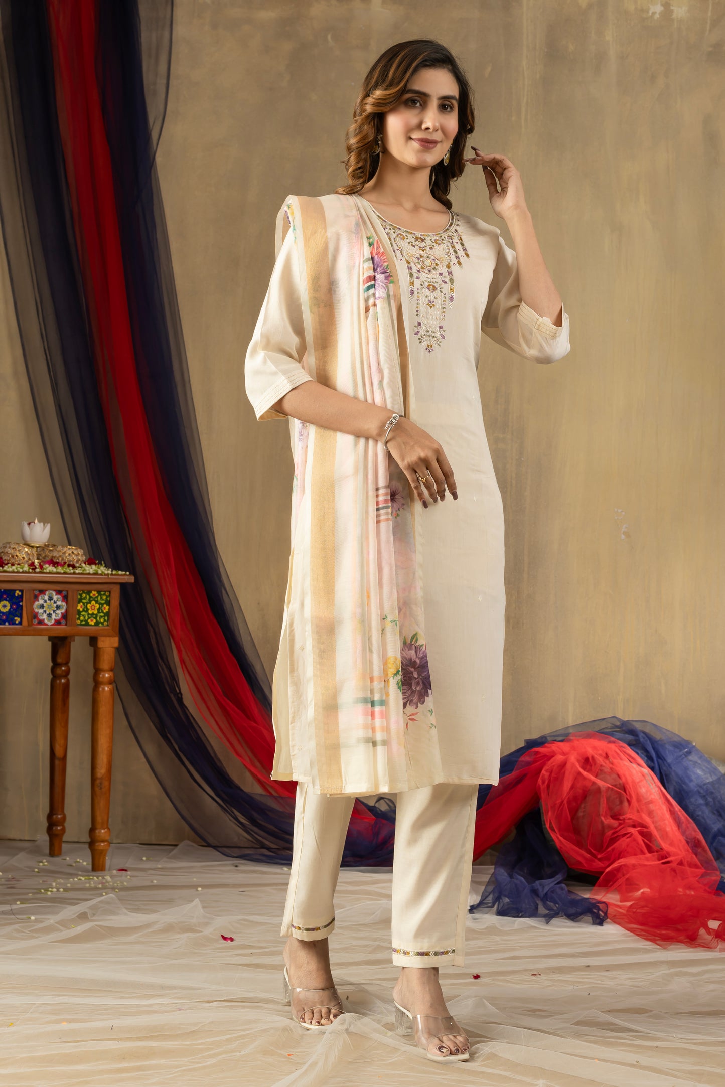 Off White Shimmer Gold Silk Multi Embroidered Suit Set