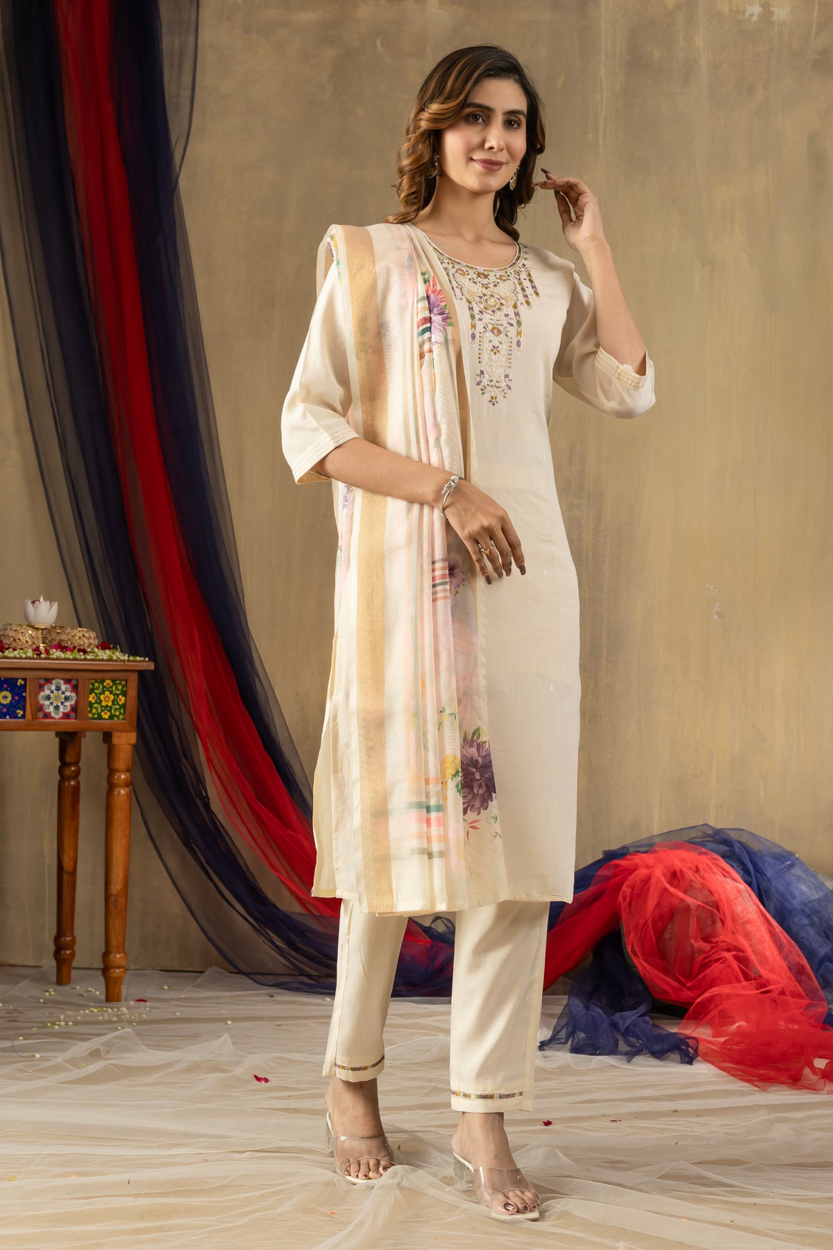 Off White Shimmer Gold Silk Multi Embroidered Suit Set