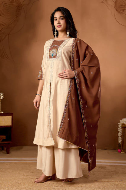 Elegant Cream Roman Silk Kurti Set