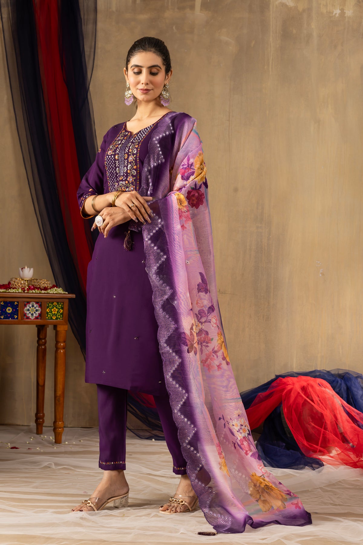 Purple Roman Silk Multi Embroidered Suit Set