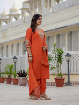Luxury Orange Premium Roman Silk Suit Set