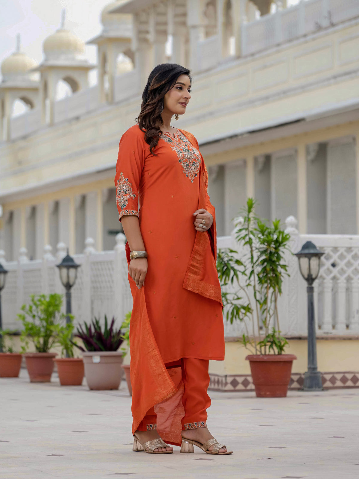 Luxury Orange Premium Roman Silk Suit Set