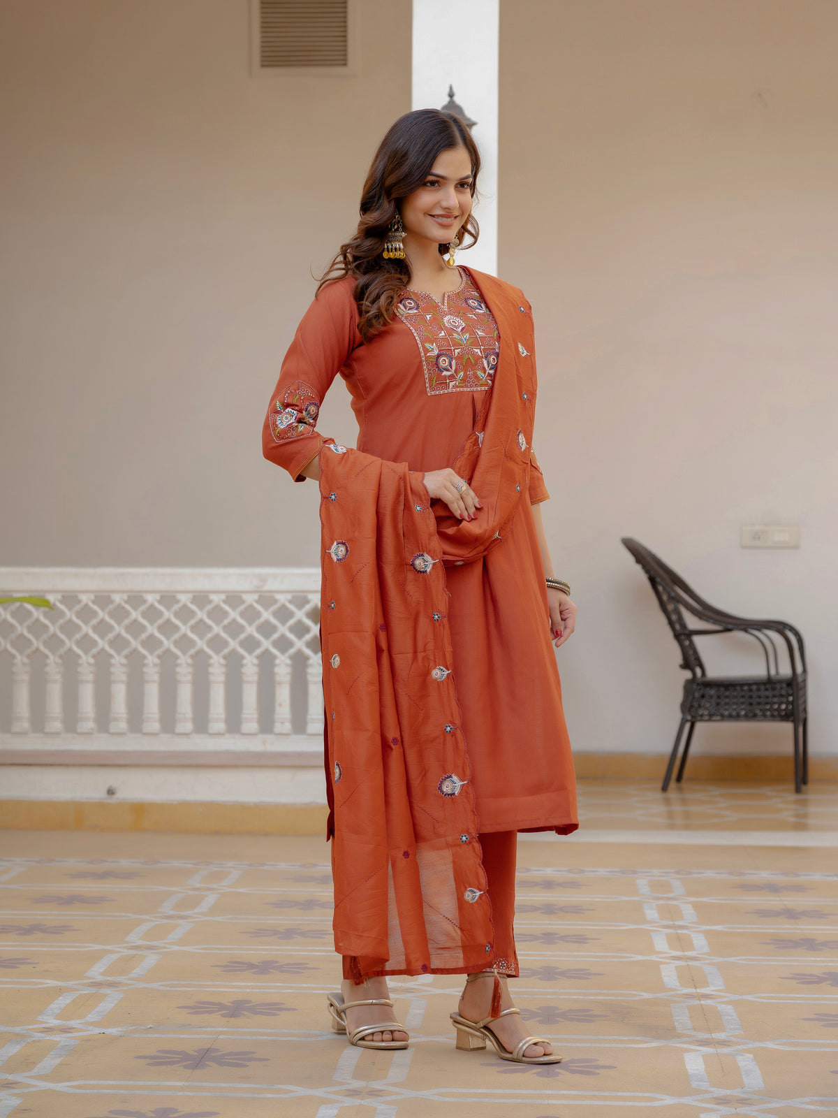Rust Orange Viscose Mango Silk Embroidered Kurti Set