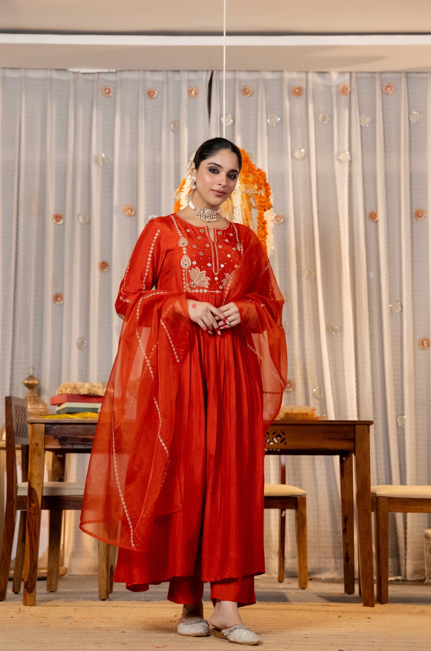Orange Chanderi Silk Embroidered Suit Set