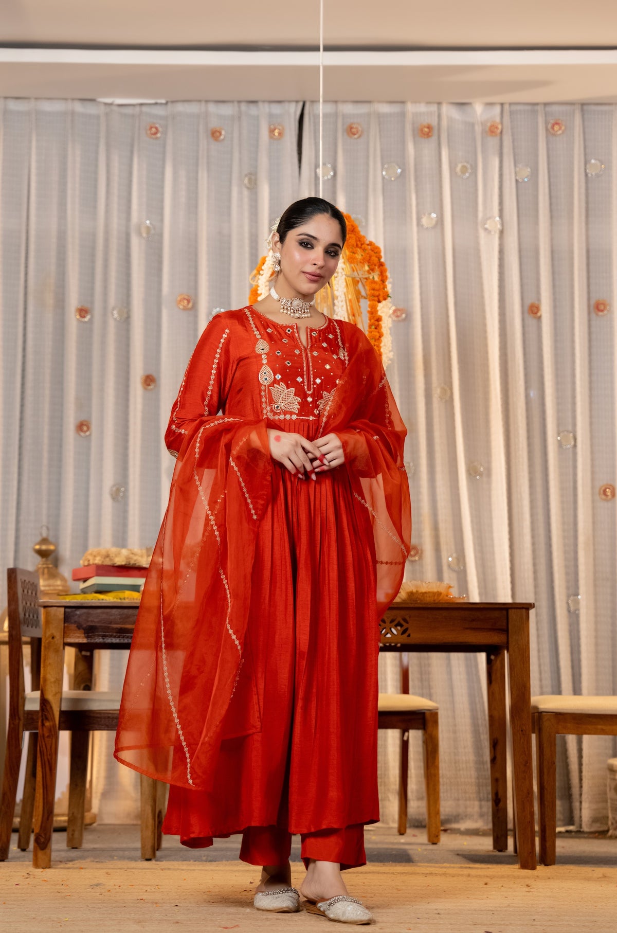Orange Chanderi Silk Embroidered Suit Set