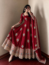 Wine Red Silk Embroidered Anarkali Gown