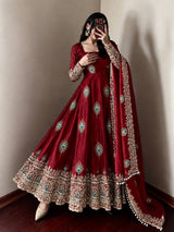Wine Red Silk Embroidered Anarkali Gown
