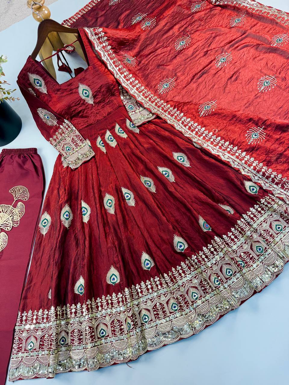 Wine Red Silk Embroidered Anarkali Gown