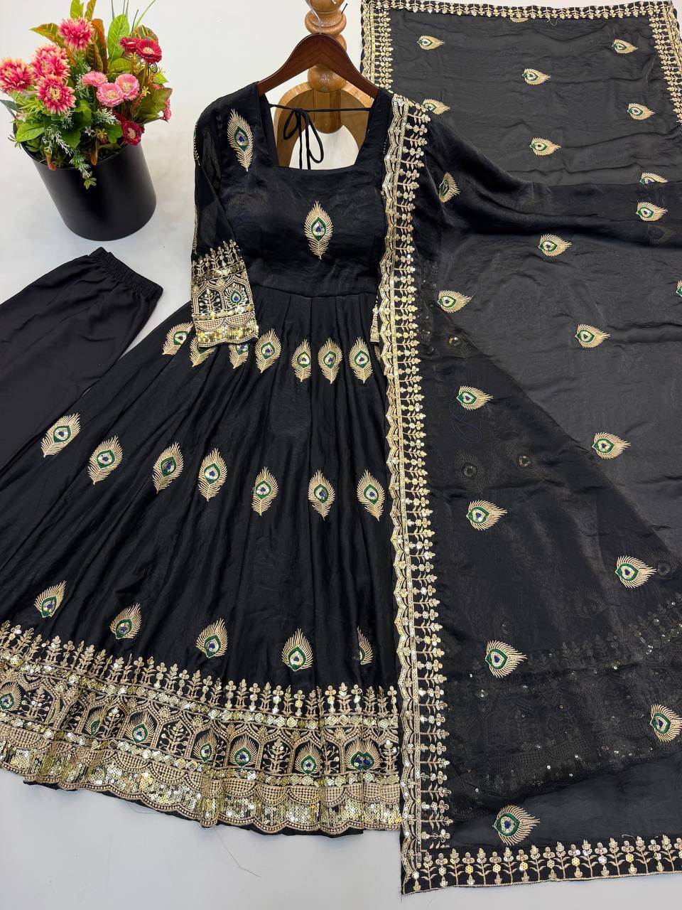 Black Silk Embroidered Anarkali Gown