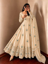 Cream Silk Embroidered Anarkali Gown