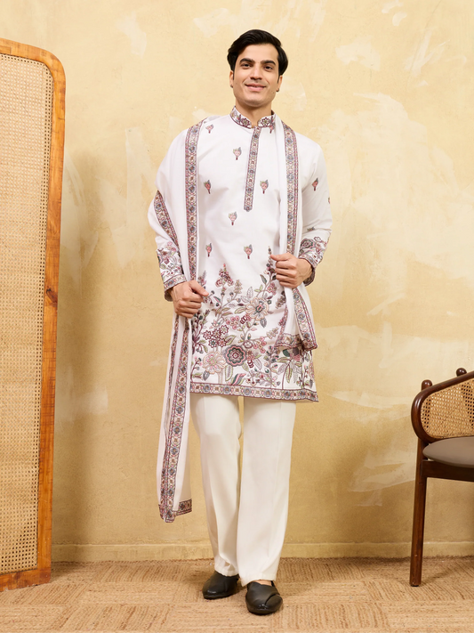 Elegant Traditional White Viscose Silk Wedding Kurta and Dupatta for Men
