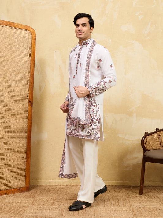 Elegant Traditional White Viscose Silk Wedding Kurta and Dupatta for Men