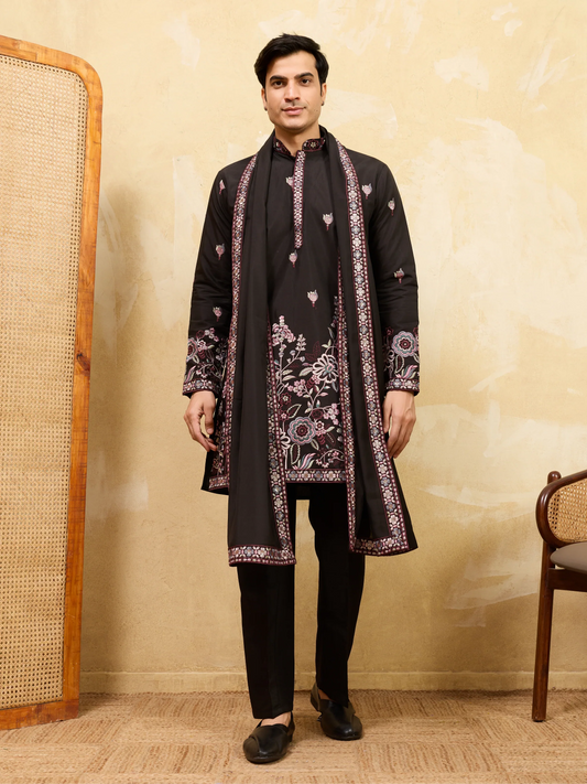 Elegant Royal Black Viscose Silk Kurta and Dupatta Set for Men Ethnic Wear