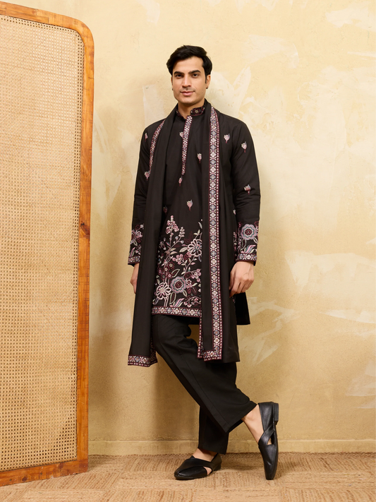 Elegant Royal Black Viscose Silk Kurta and Dupatta Set for Men Ethnic Wear