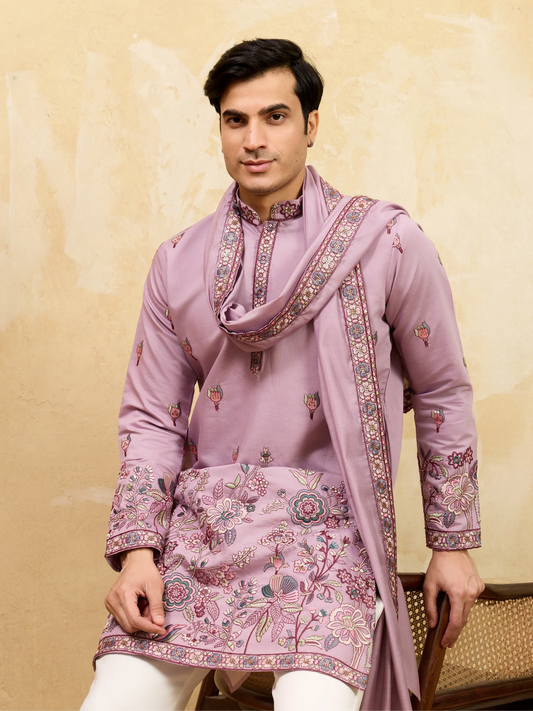 Elegant Lavender Embroidered Kurta with Dupatta for Men