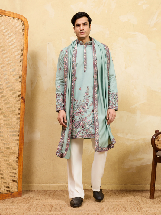 Elegant Premium Pista Green Embroidered Viscose Silk Kurta and Dupatta for Men