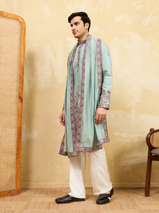 Elegant Premium Pista Green Embroidered Viscose Silk Kurta and Dupatta for Men