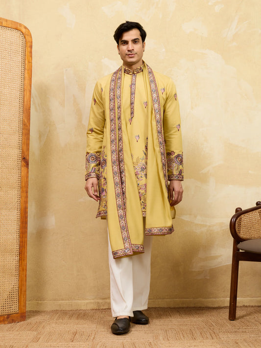 Elegant Radiant Yellow Viscose Silk Embroidered Kurta with Dupatta
