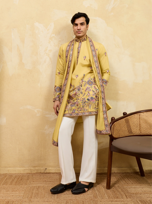 Elegant Radiant Yellow Viscose Silk Embroidered Kurta with Dupatta