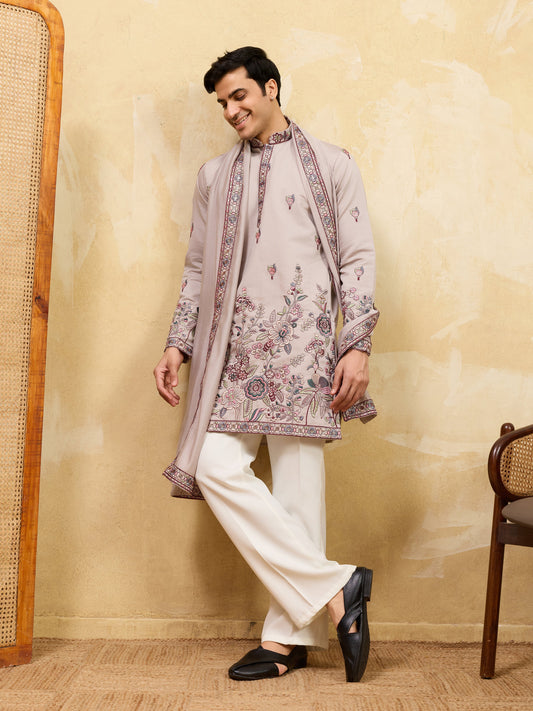 Elegant Royal Dusty Lavender Viscose Silk Embroidered Kurta with Dupatta