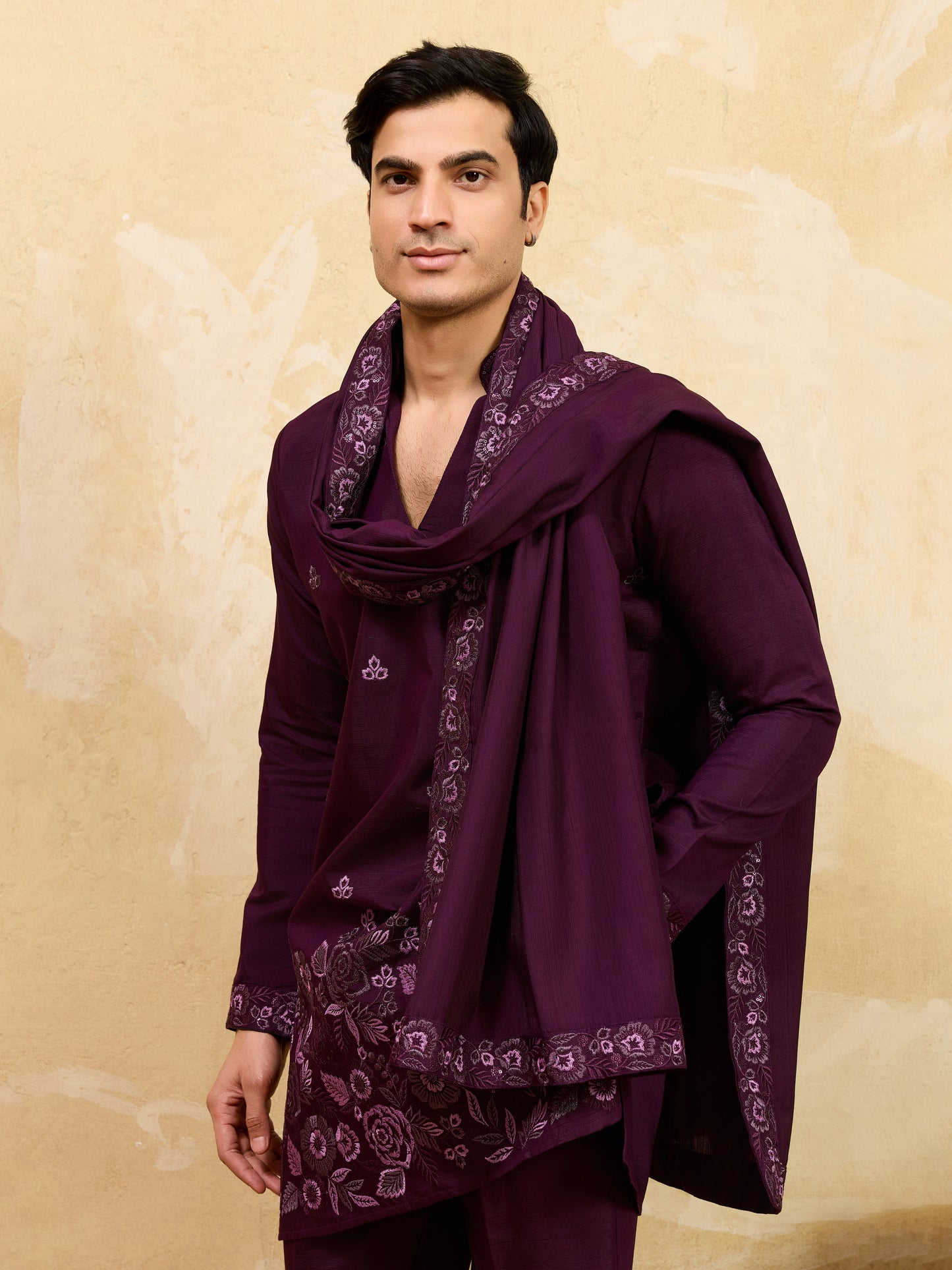 Elegant Elegant Purple Viscose Silk Embroidered Kurta Pant Dupatta Set
