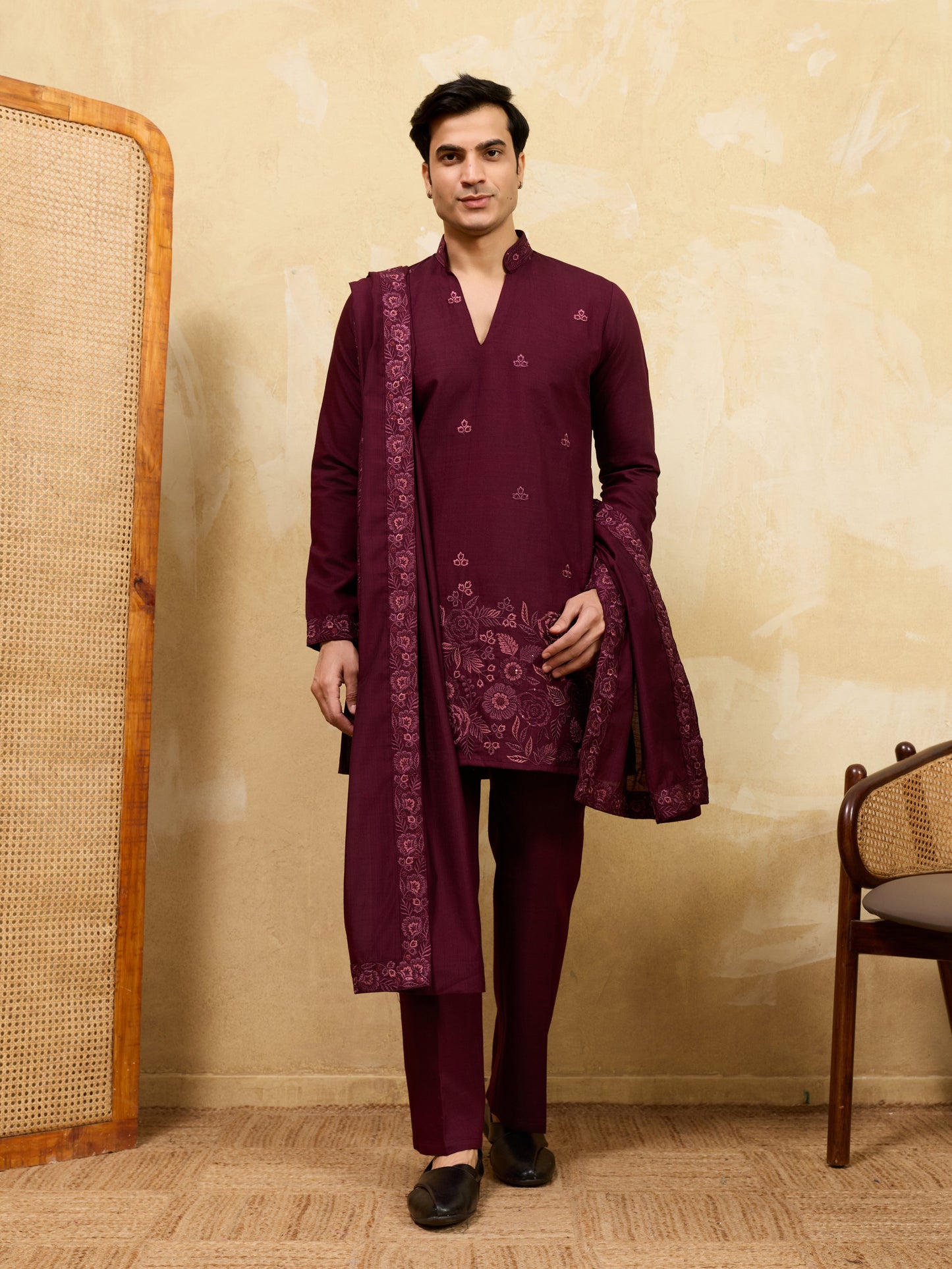 Elegant Royal Wine Viscose Silk Thread & Sequence Work Kurta & Dupatta Set