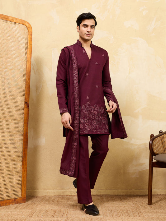 Elegant Royal Wine Viscose Silk Thread & Sequence Work Kurta & Dupatta Set