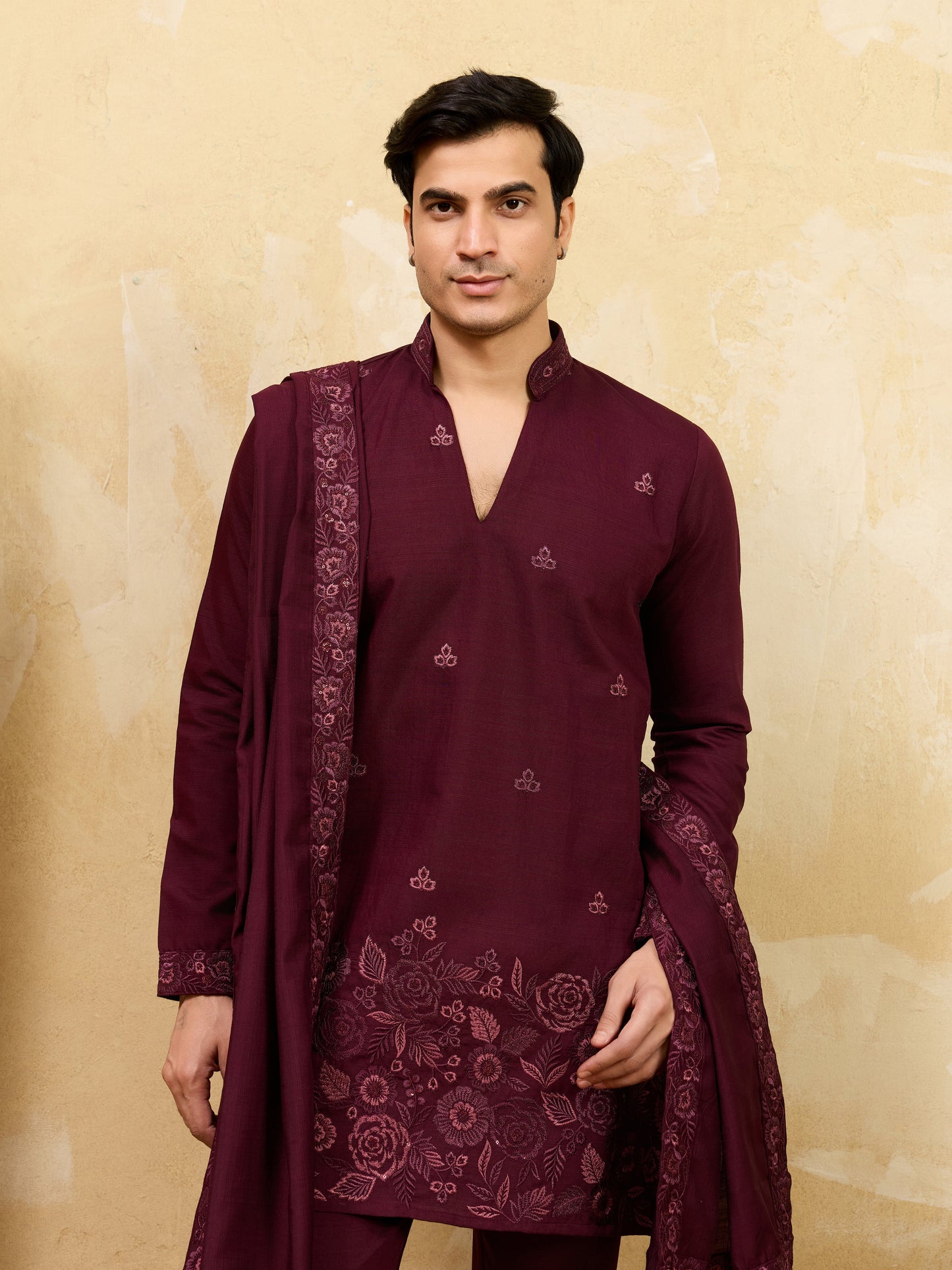 Elegant Royal Wine Viscose Silk Thread & Sequence Work Kurta & Dupatta Set