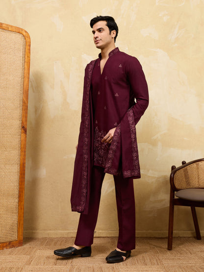 Elegant Royal Wine Viscose Silk Thread & Sequence Work Kurta & Dupatta Set