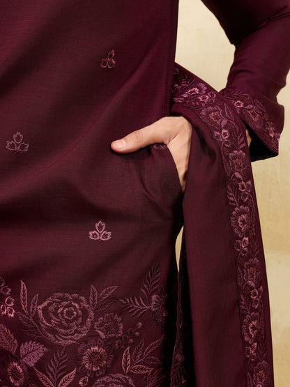 Elegant Royal Wine Viscose Silk Thread & Sequence Work Kurta & Dupatta Set