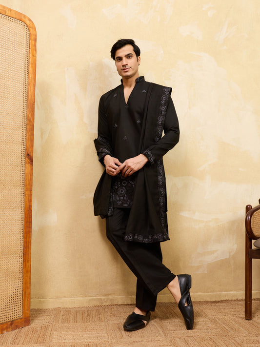 Elegant Classic Black Viscose Silk Embroidered Work Kurta Pant Dupatta Set