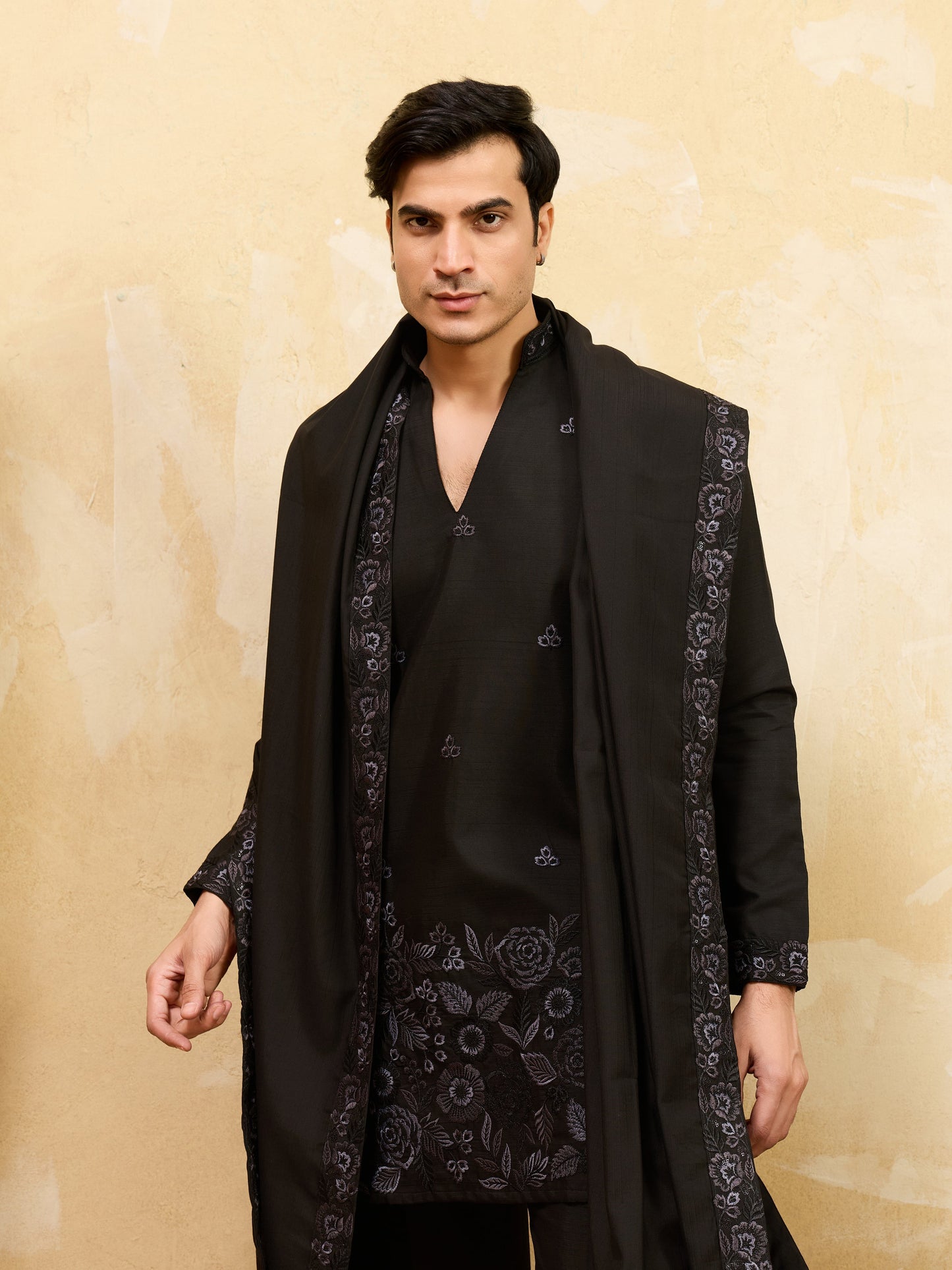 Elegant Classic Black Viscose Silk Embroidered Work Kurta Pant Dupatta Set