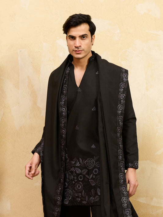 Elegant Classic Black Viscose Silk Embroidered Work Kurta Pant Dupatta Set