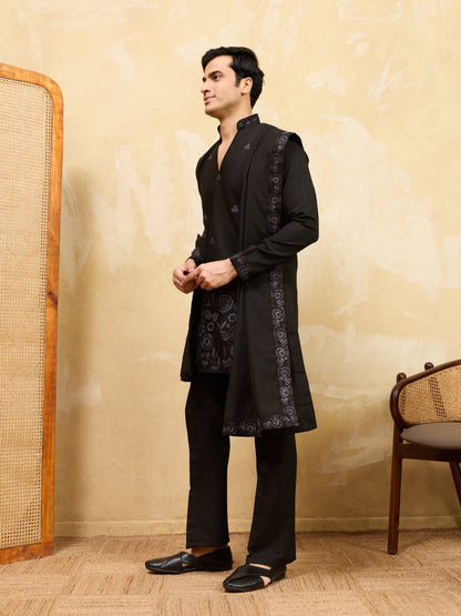 Elegant Classic Black Viscose Silk Embroidered Work Kurta Pant Dupatta Set