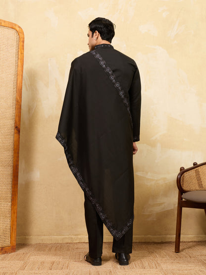 Elegant Classic Black Viscose Silk Embroidered Work Kurta Pant Dupatta Set
