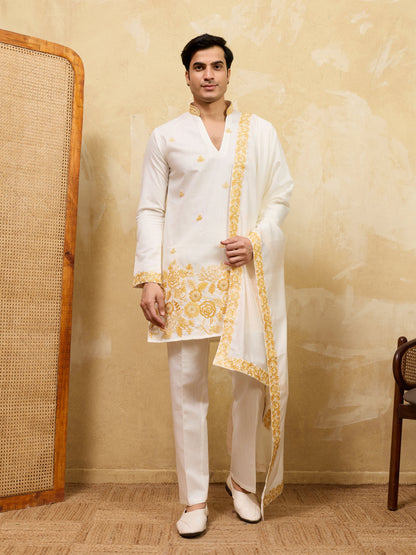 Elegant White Viscose Silk Kurta Dupatta Set With Yellow Embroidery Work