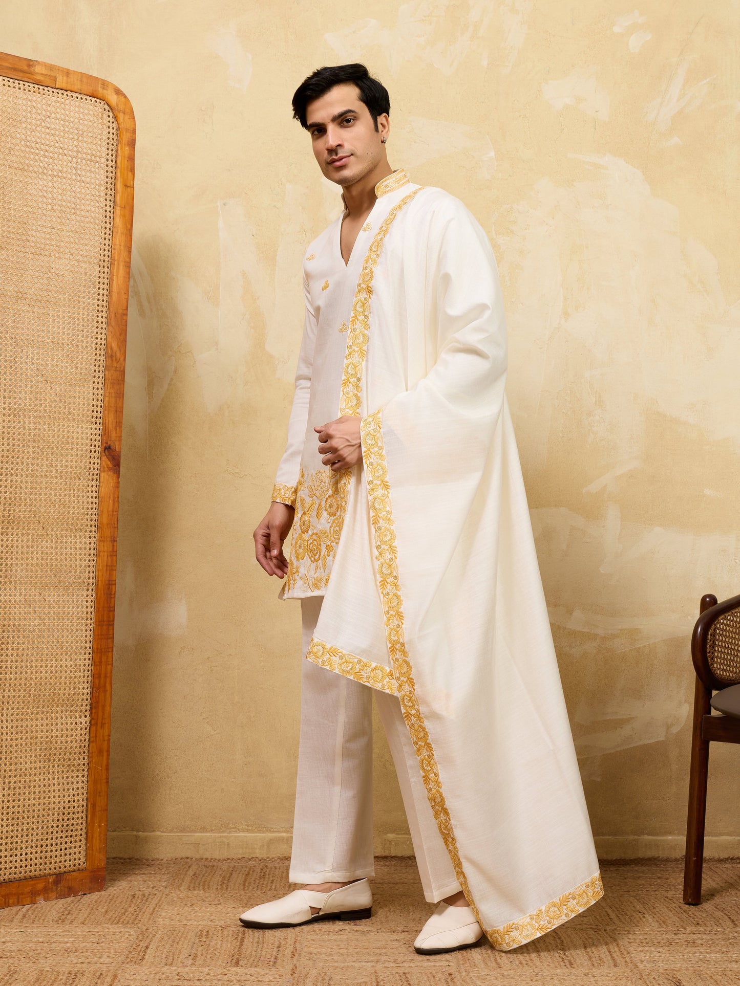 Elegant White Viscose Silk Kurta Dupatta Set With Yellow Embroidery Work