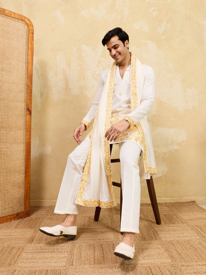 Elegant White Viscose Silk Kurta Dupatta Set With Yellow Embroidery Work