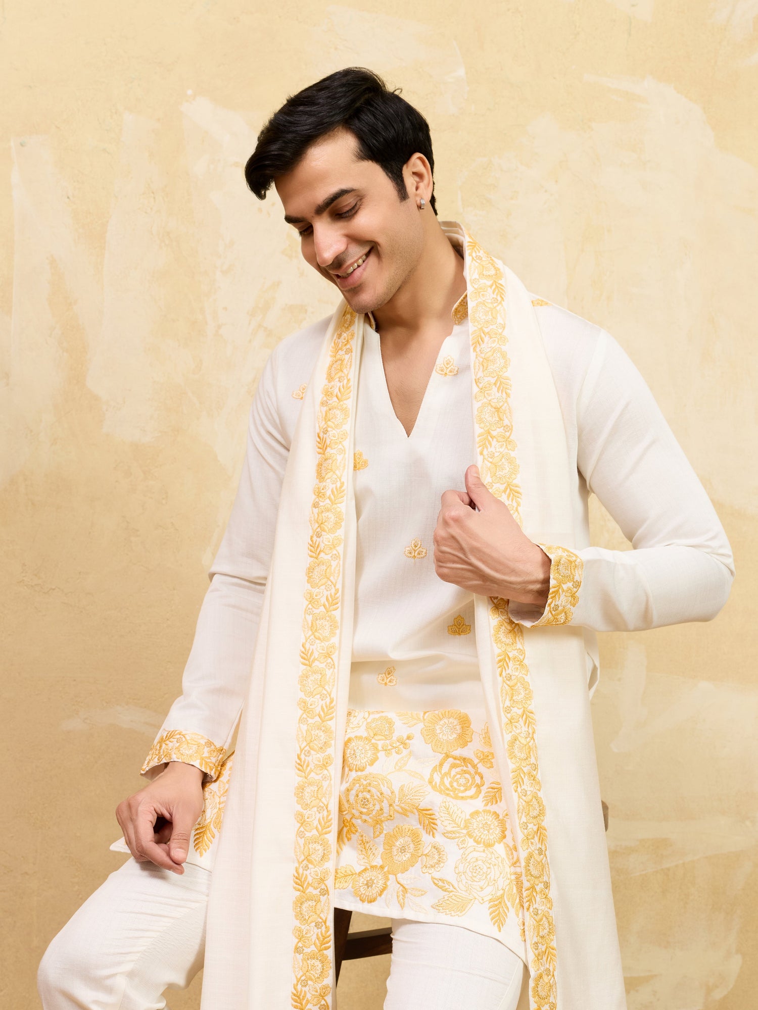 Elegant White Viscose Silk Kurta Dupatta Set With Yellow Embroidery Work